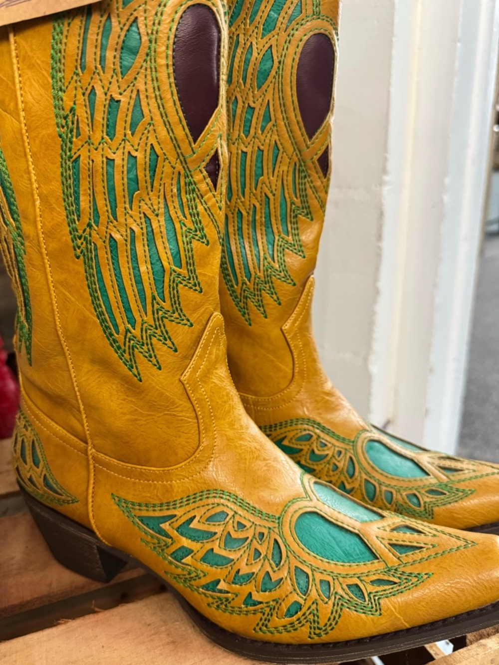 Leather Western Boots in Mustard Yellow and Teal